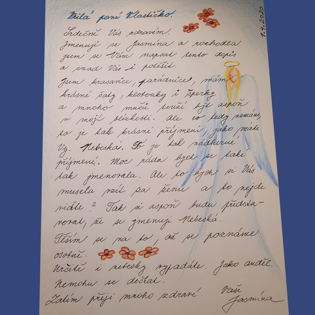 Zdravotní klaunka Jasmína napsala dopis pro paní Vlastičku z pražského domova seniorů. 