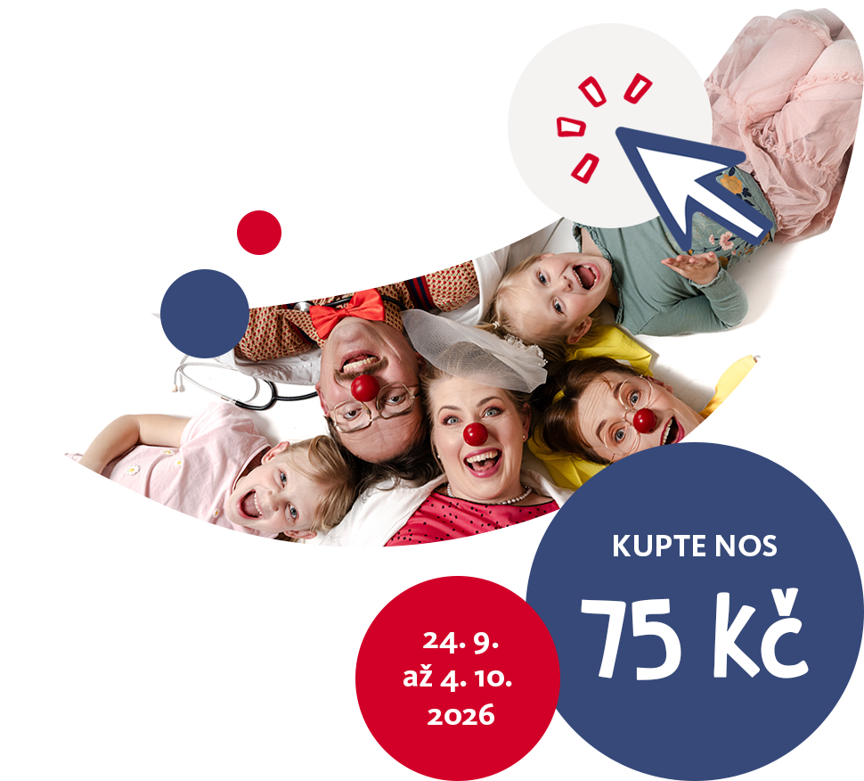 Tři Zdravotní klauni a dvě děti s červenými nosy se smějí; Kupte nos 75 Kč, 24. 9. až 4. 10. 2026